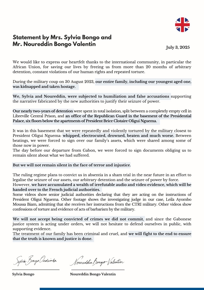 Gabon : Sylvia Bongo Ondimba et Noureddin Bongo Valentin brisent le silence et dénoncent tortures et contraintes Gabon : Sylvia Bongo Ondimba et Noureddin Bongo Valentin brisent le silence et dénoncent tortures et contraintes