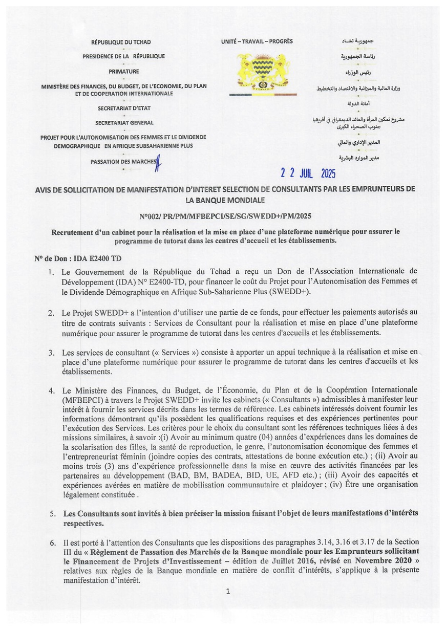 Tchad - SWEDD+ : Avis de sollicitation de manifestation d'intérêt pour la sélection de consultants par les emprunteurs de la Banque Mondiale
