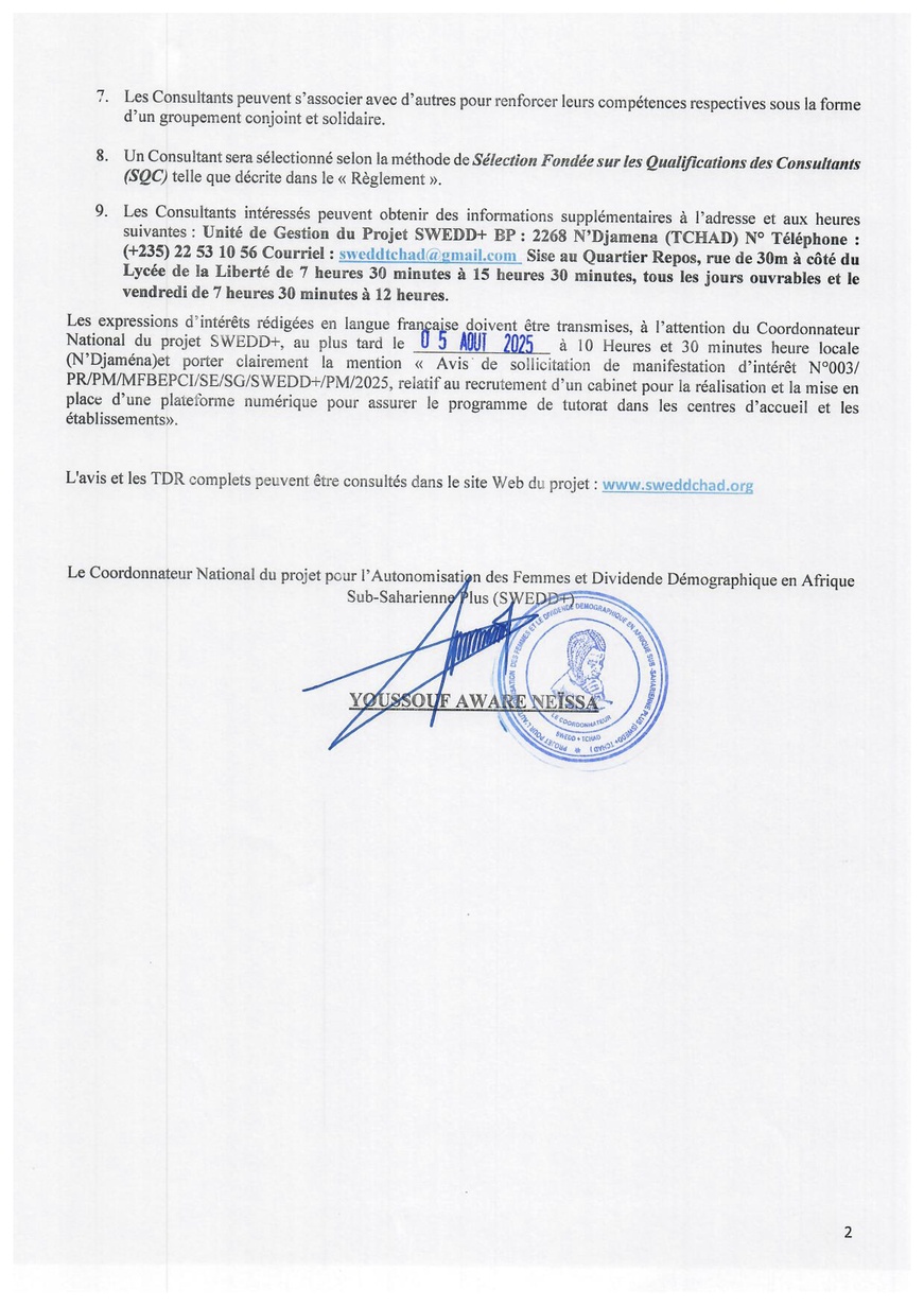 Tchad - SWEDD+ : Avis de sollicitation de manifestation d'intérêt pour la sélection de consultants par les emprunteurs de la Banque Mondiale