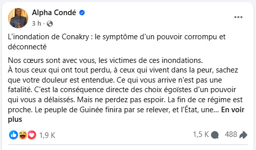 Guinée : L'ancien Président Alpha Condé dénonce le pouvoir en place suite aux inondations de Conakry