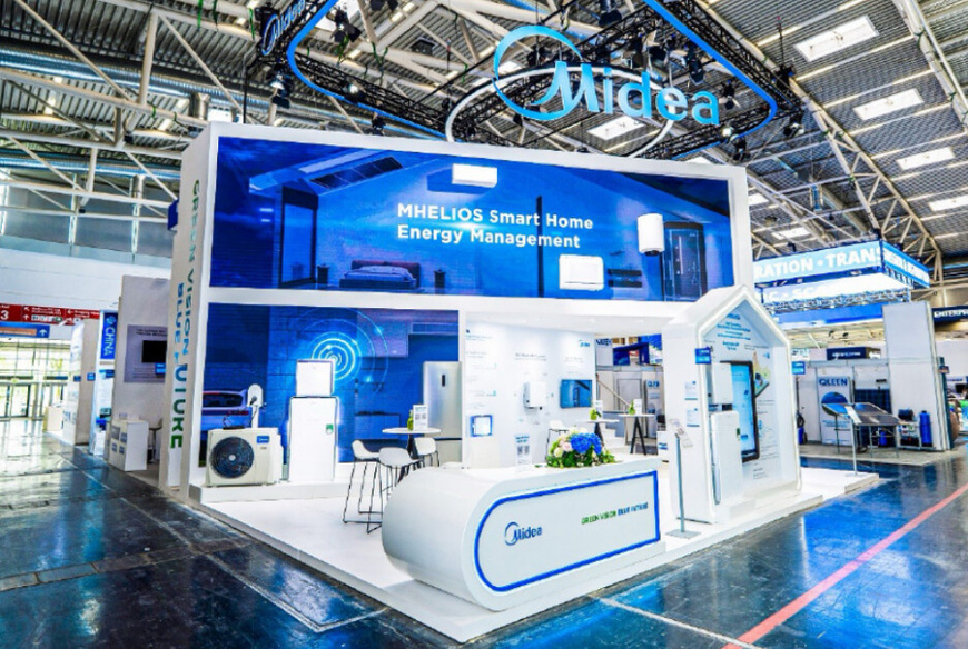Products from Chinese air conditioner brand Midea are on display during the Intersolar Europe 2025 exhibition in Munich, Germany. (Photo courtesy of m Midea Group)