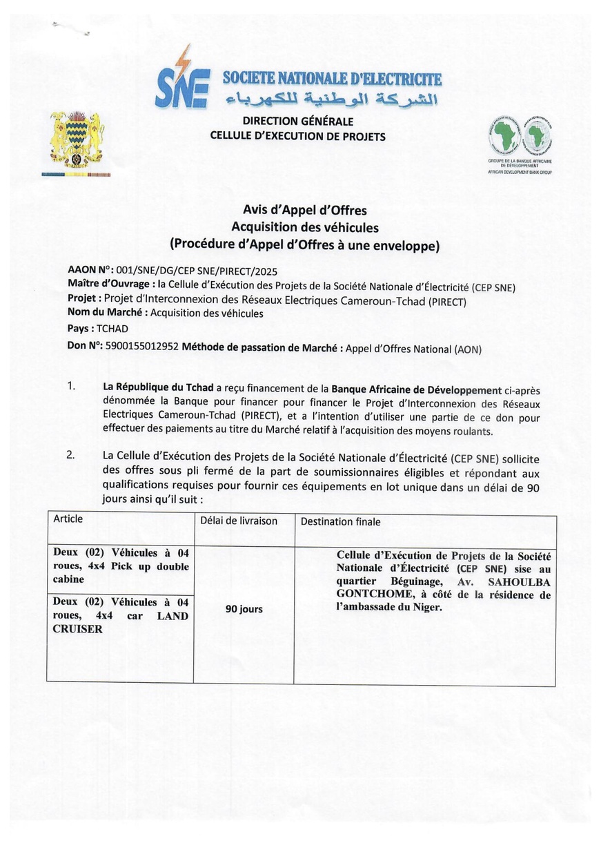 Tchad : Avis d'Appel d'Offres n°001 pour acquisition de véhicules pour le Projet PIRECT (CEP-SNE)
