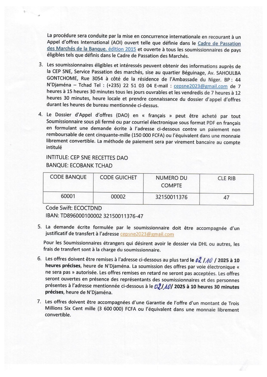 Tchad : Avis d'Appel d'Offres n°001 pour acquisition de véhicules pour le Projet PIRECT (CEP-SNE)