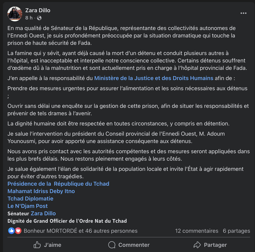Tchad : la sénatrice Zara Dillo alerte sur une crise alimentaire dans la prison de Fada