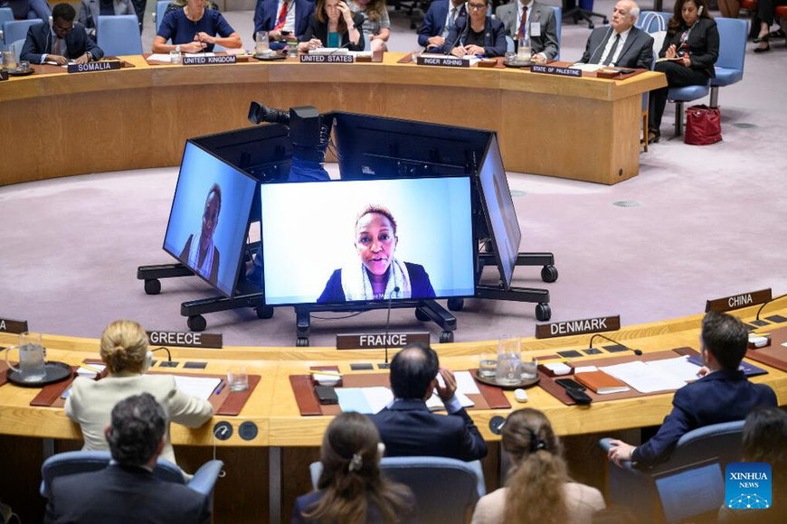 UN Assistant Secretary-General for Humanitarian Affairs and Deputy Emergency Relief Coordinator Joyce Msuya (on screens) briefs the Security Council via a video link on the Middle East, including the Palestinian question, on behalf of Under-Secretary-General for Humanitarian Affairs and Emergency Relief Coordinator Tom Fletcher, at the UN headquarters in New York, on Aug. 27, 2025. The UN humanitarian chief on Wednesday called for an immediate, sustained cessation of hostilities in Gaza to prevent further loss of life and to stop famine from expanding. (Loey Felipe/UN Photo/Handout via Xinhua)