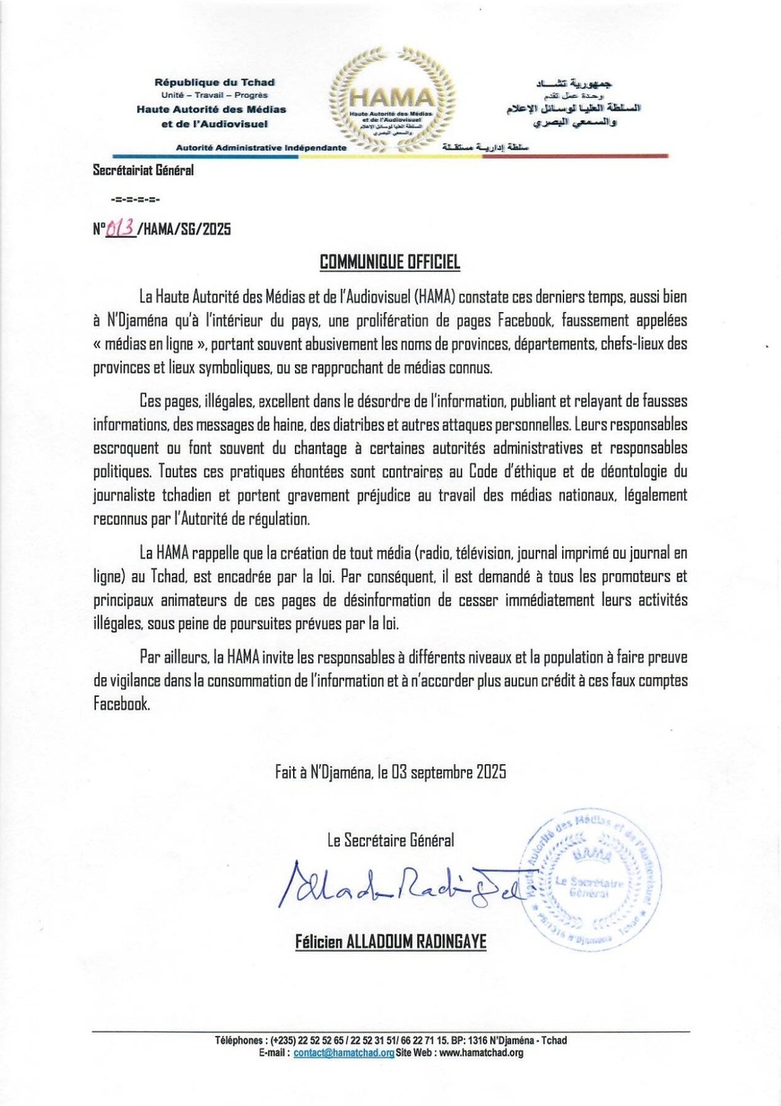 Tchad : La HAMA alerte contre la prolifération des faux médias sur les réseaux sociaux