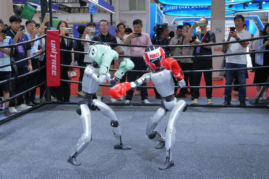 Two humanoid robots developed by Chinese company Unitree Robotics compete in a combat match during the 2025 World Robot Conference (WRC) in Beijing, Aug. 8, 2025. (Photo/Tang Ke)