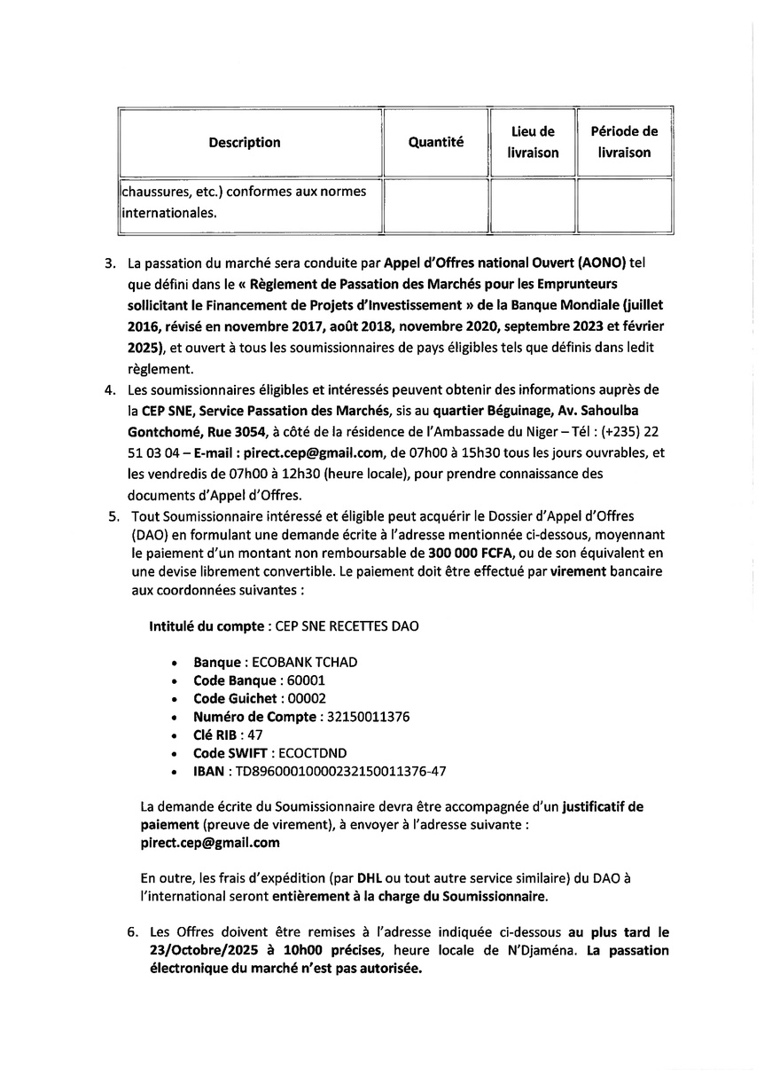 Tchad : Avis d'Appel d'Offres pour acquisition des équipements de protection individuelle (Projet PAAET)