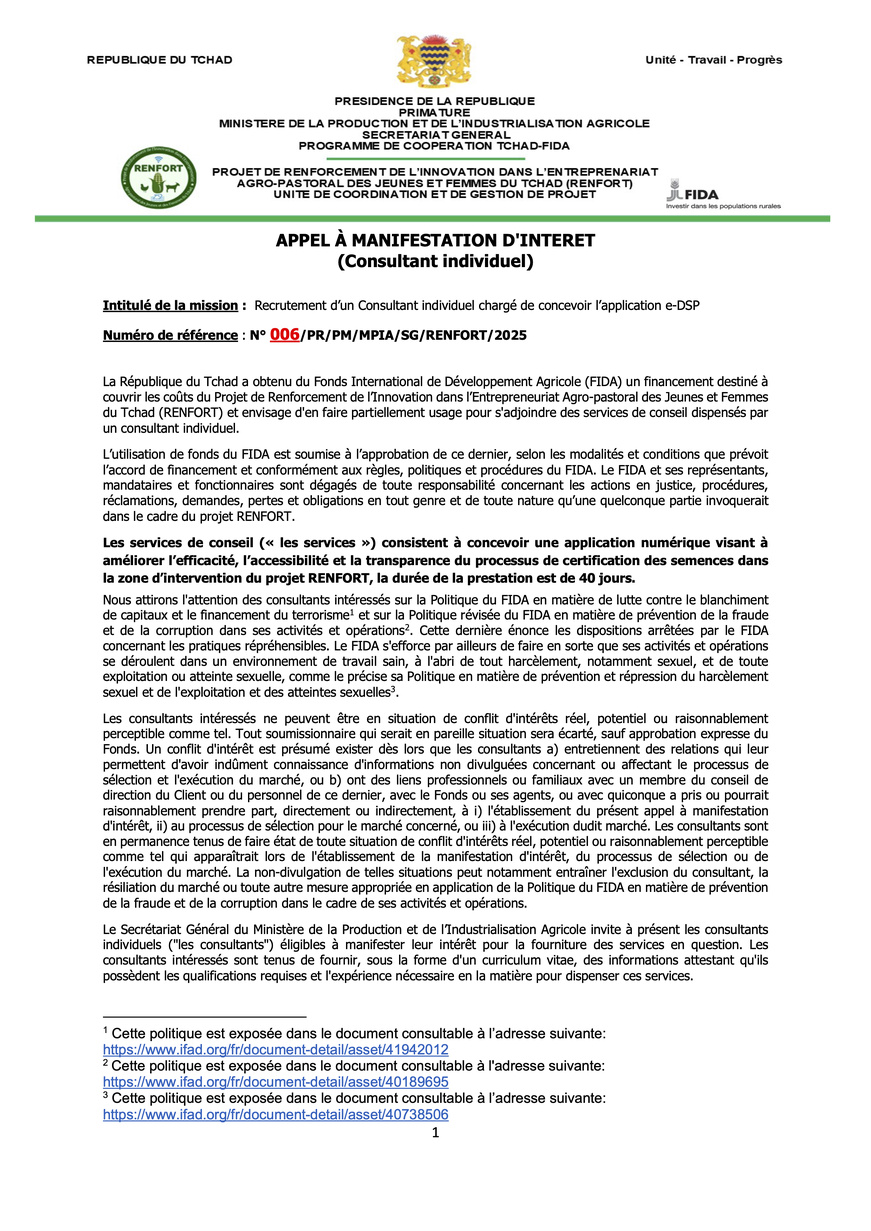 Tchad : Avis d'Appel à Manifestation pour le recrutement d'un Consultant Individuel pour la conception de l'application e-DSP Tchad : Avis d'Appel à Manifestation pour le recrutement d'un Consultant Individuel pour la conception de l'application e-DSP