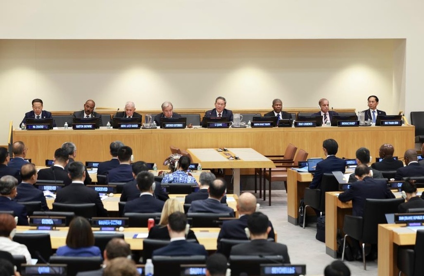 Chinese Premier Li Qiang addresses a high-level meeting on the Global Development Initiative held by China at the UN headquarters in New York, Sept. 23, 2025. (Xinhua/Ding Haitao)