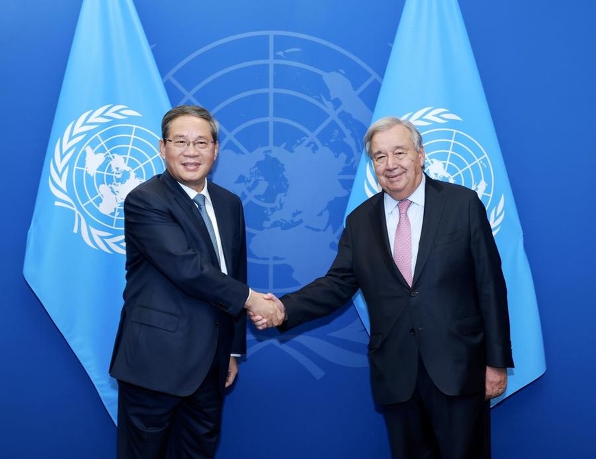 Chinese Premier Li Qiang meets with UN Secretary-General Antonio Guterres in New York, Sept. 24, 2025. (Xinhua/Wang Ye)
