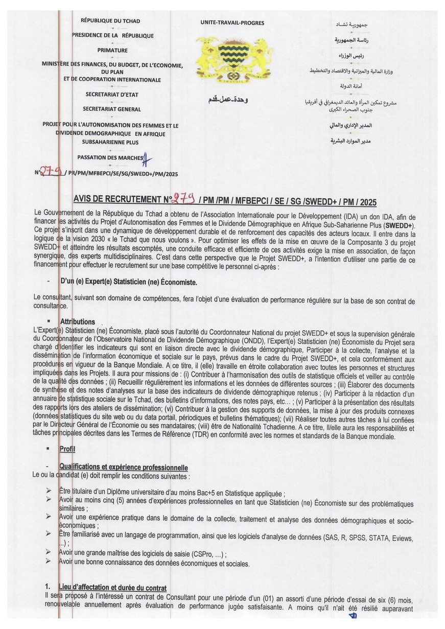 Tchad : Le projet SWEDD+ lance un avis de recrutement d'un(e) Expert(e) Statisticien(ne) Économiste