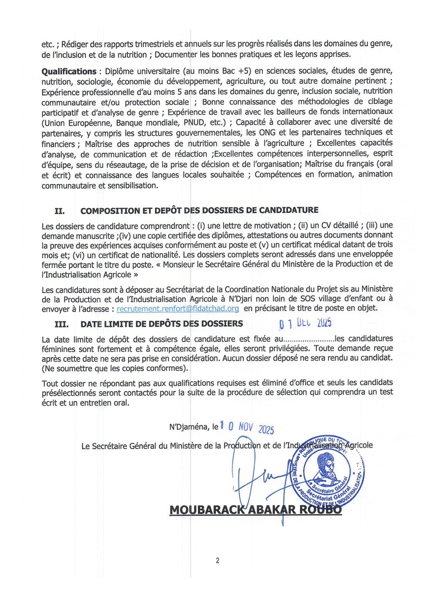 Tchad : Avis d'appel à candidature au poste de Spécialiste Ciblage, Genre, Inclusion Sociale et Nutrition (Projet RENFORT)