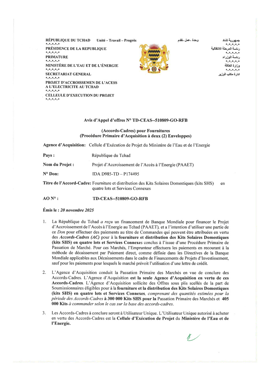 Tchad : Avis d'Appel d'Offres pour Fournitures de Kits Solaires Domestiques (Projet PAAET) Tchad : Avis d'Appel d'Offres pour Fournitures de Kits Solaires Domestiques (Projet PAAET)
