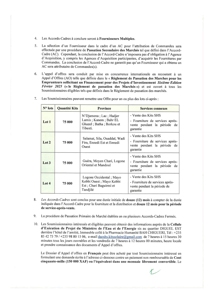 Tchad : Avis d'Appel d'Offres pour Fournitures de Kits Solaires Domestiques (Projet PAAET) Tchad : Avis d'Appel d'Offres pour Fournitures de Kits Solaires Domestiques (Projet PAAET)
