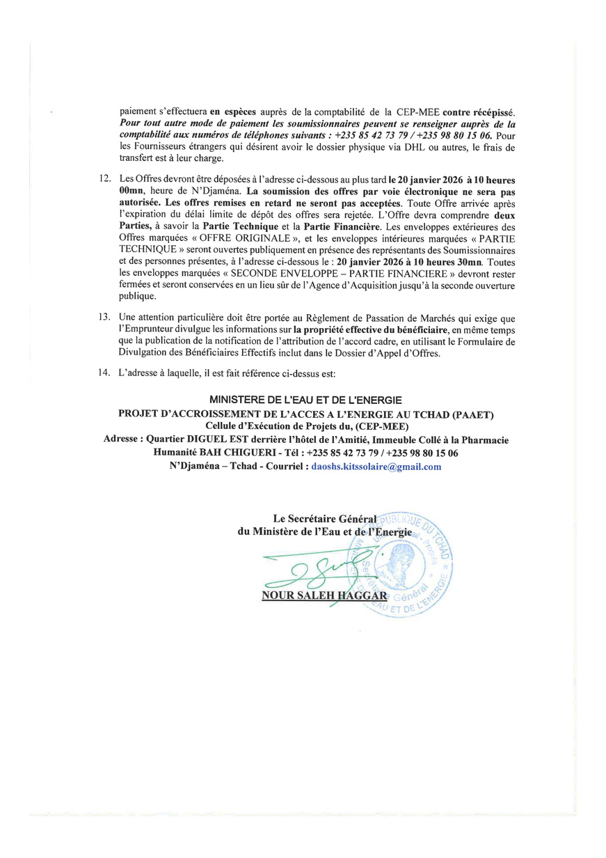 Tchad : Avis d'Appel d'Offres pour Fournitures de Kits Solaires Domestiques (Projet PAAET) Tchad : Avis d'Appel d'Offres pour Fournitures de Kits Solaires Domestiques (Projet PAAET)