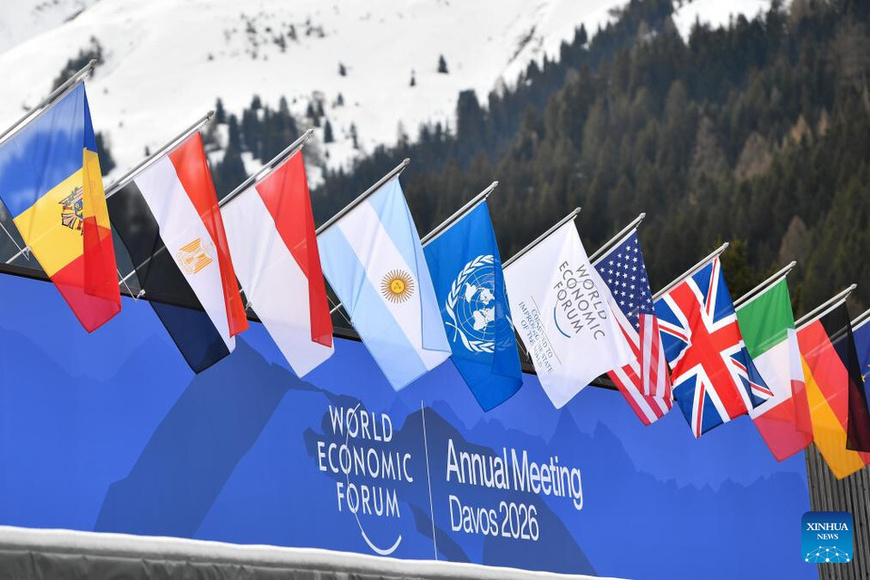 The Congress Hall, the venue for the 2026 annual meeting of the World Economic Forum (WEF), is pictured in Davos, Switzerland, Jan. 19, 2026. The 2026 annual meeting of the WEF opened on Monday evening in the Swiss Alpine town of Davos, calling for constructive dialogue in a complex global landscape. (Xinhua/Lian Yi)
