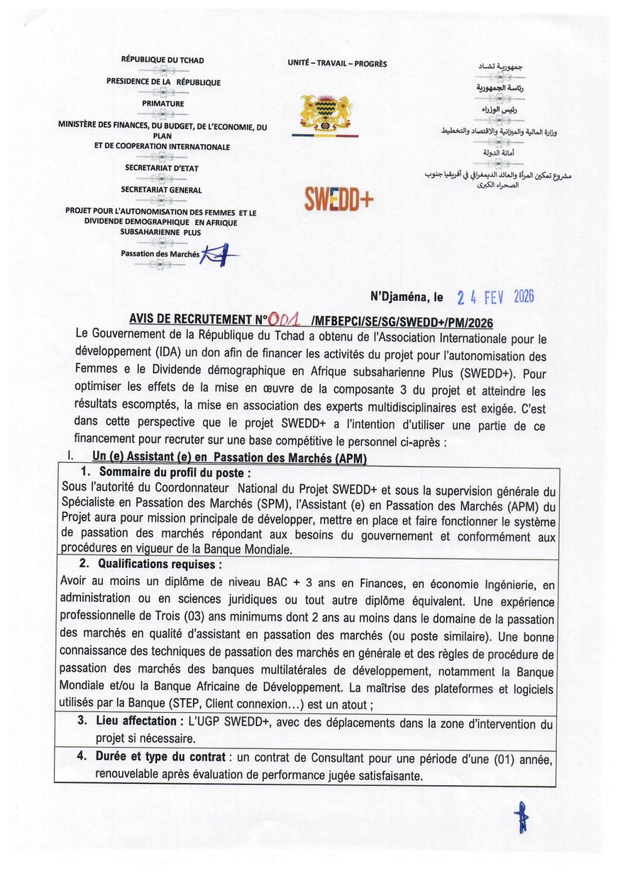 Tchad : le projet SWEDD+ recrute un(e) assistant(e) en marchés publics et un(e) assistant(e) de direction Tchad : le projet SWEDD+ recrute un(e) assistant(e) en marchés publics et un(e) assistant(e) de direction
