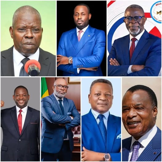 De gauche à Droite :Angios Engambé, Dave Mafoula, Mabio Mavoungou, Destin Gavet , Vivien Manangou, Joseph Kignoumbi et Sassou N’Guesso.
