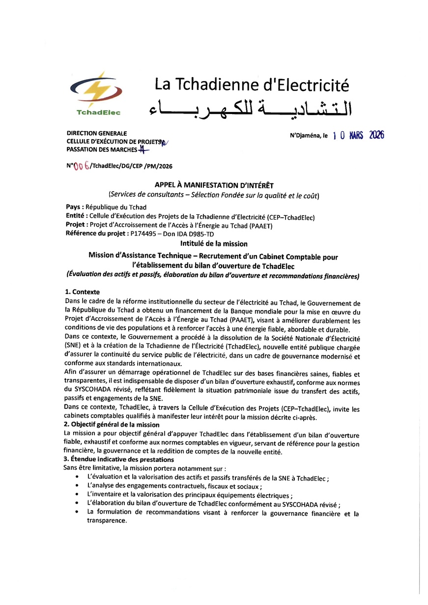 Tchad : Appel à Manifestation d'Intérêt pour le recrutement d'un Cabinet Comptable (Projet PAAET/TchadElec) Tchad : Appel à Manifestation d'Intérêt pour le recrutement d'un Cabinet Comptable (Projet PAAET/TchadElec)