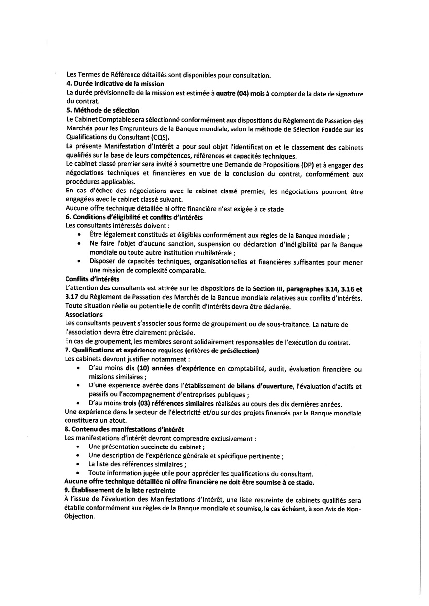 Tchad : Appel à Manifestation d'Intérêt pour le recrutement d'un Cabinet Comptable (Projet PAAET/TchadElec)