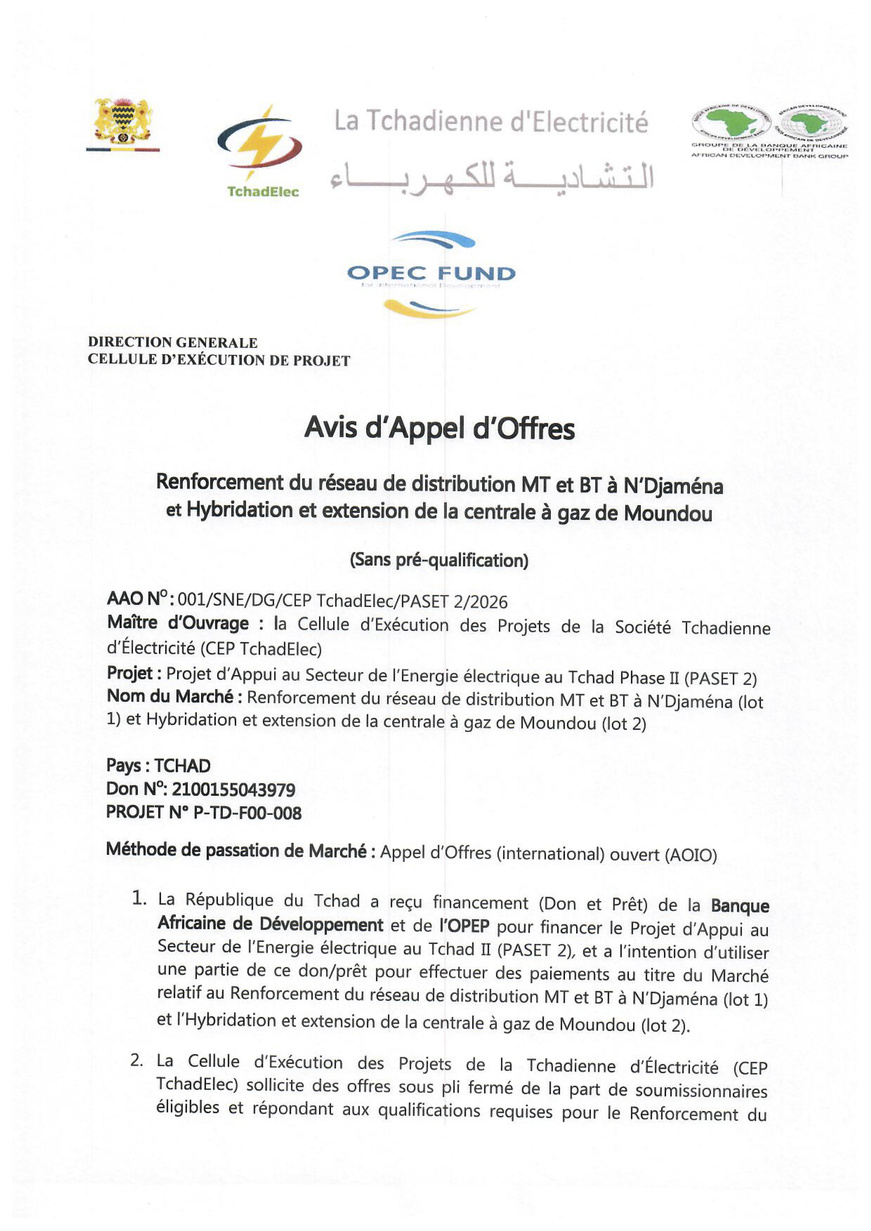 AAO pour le renforcement du réseau de distribution MT et BT à N'Djamena et hybridation et extension de la centrale à gaz à Moundou