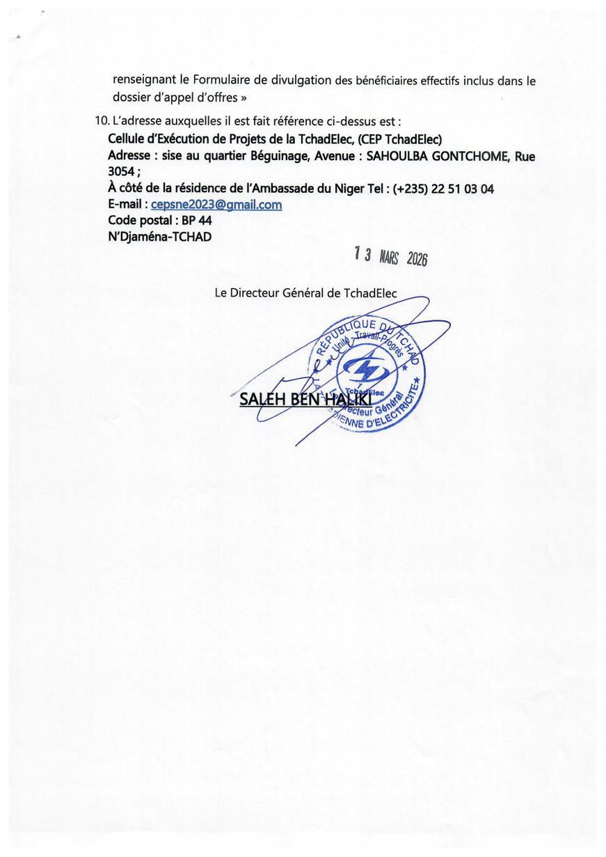 AAO pour le renforcement du réseau de distribution MT et BT à N'Djamena et hybridation et extension de la centrale à gaz à Moundou