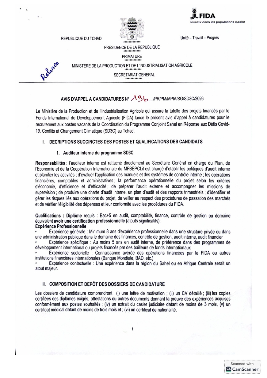 Tchad : Recrutement d'un Auditeur Interne dans le cadre du Programme SD3C