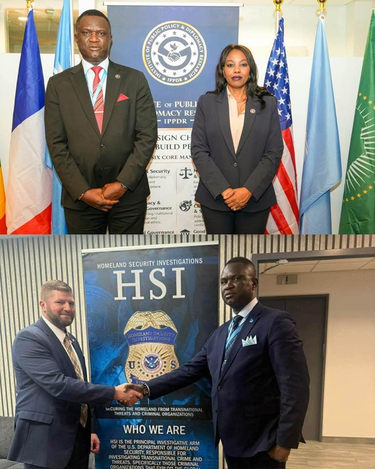 Son Excellence Olivier Dedingar, Ambassadeur mondial de la paix, aux côtés de la directrice exécutive de l’IPPDR, Son Excellence l’Ambassadrice Dr Andrise Bass, et M. Richard Stephien du Homeland Security Investigations (HSI), au siège de l’Institut à New York.