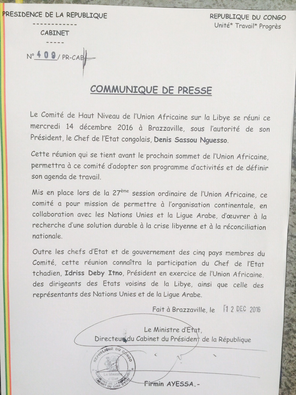 Crise Libyenne : le comité de haut niveau se réunit ce 14 décembre à Brazzaville