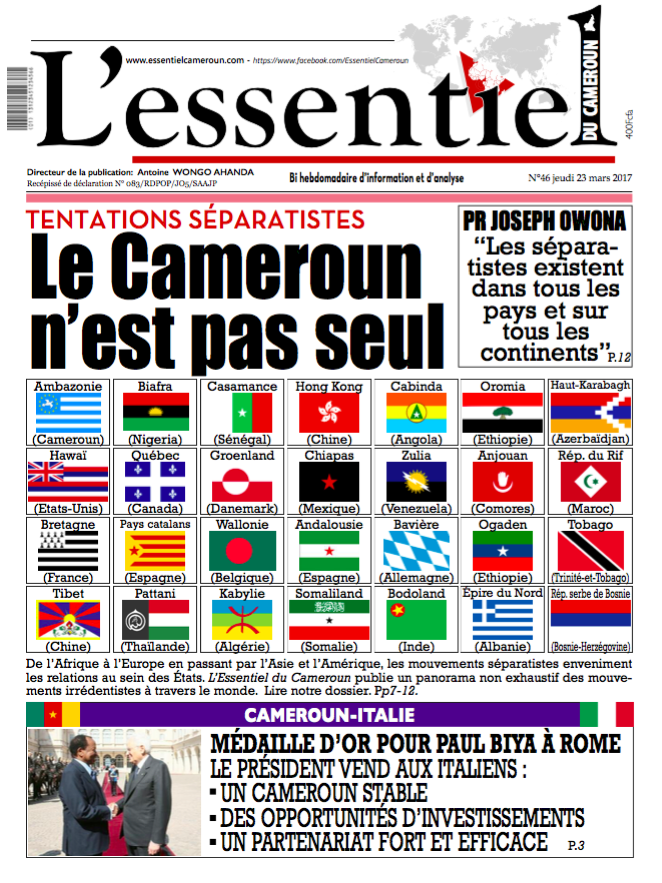 A la une de L'Essentiel du Cameroun : Tentatives séparatistes, le pays n'est pas seul