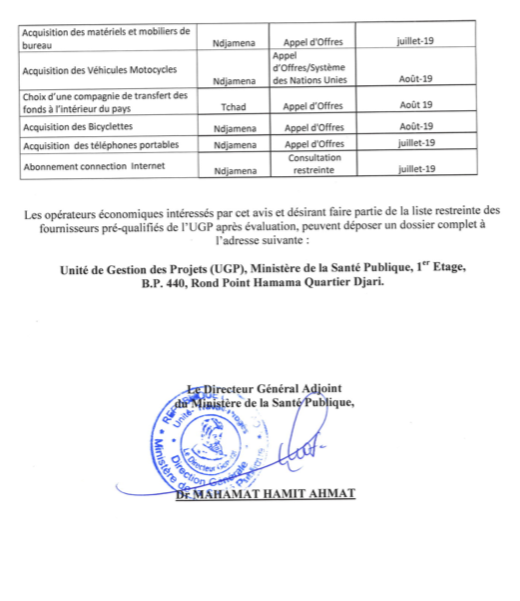 Tchad : avis d'appel d'offres et de consultation du ministère de la Santé publique