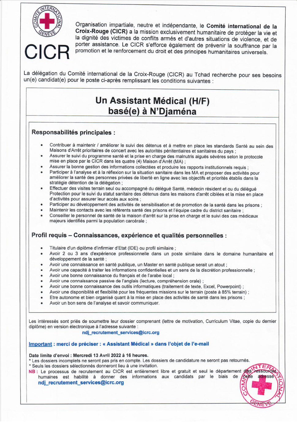 Tchad : La Délégation du CICR recrute un(e) Assistant(e) Médical(e) (H/F) basé(e) à N'Djamena (Date limite fixée au 13/04/2022)