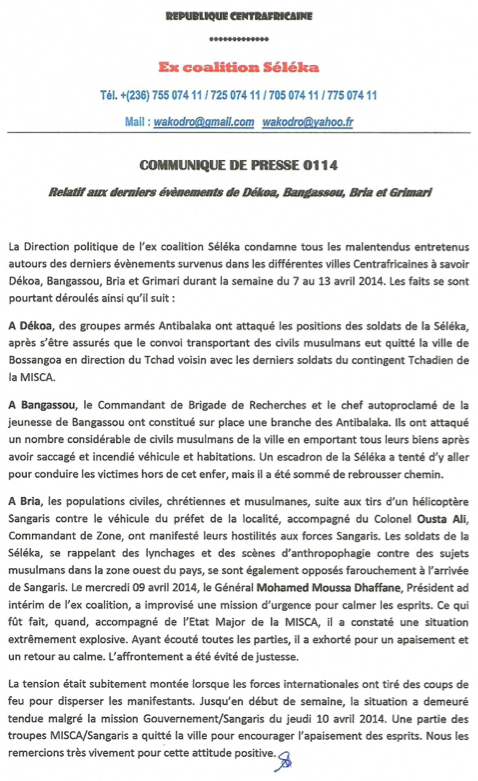 RCA : La Séléka avertit des conséquences de toute tentative de désarmement forcé