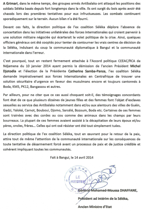 RCA : La Séléka avertit des conséquences de toute tentative de désarmement forcé