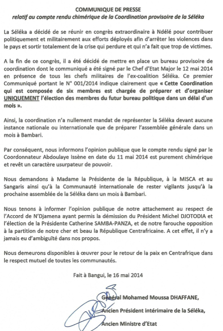 Centrafrique : Communiqué de la coalition Séléka