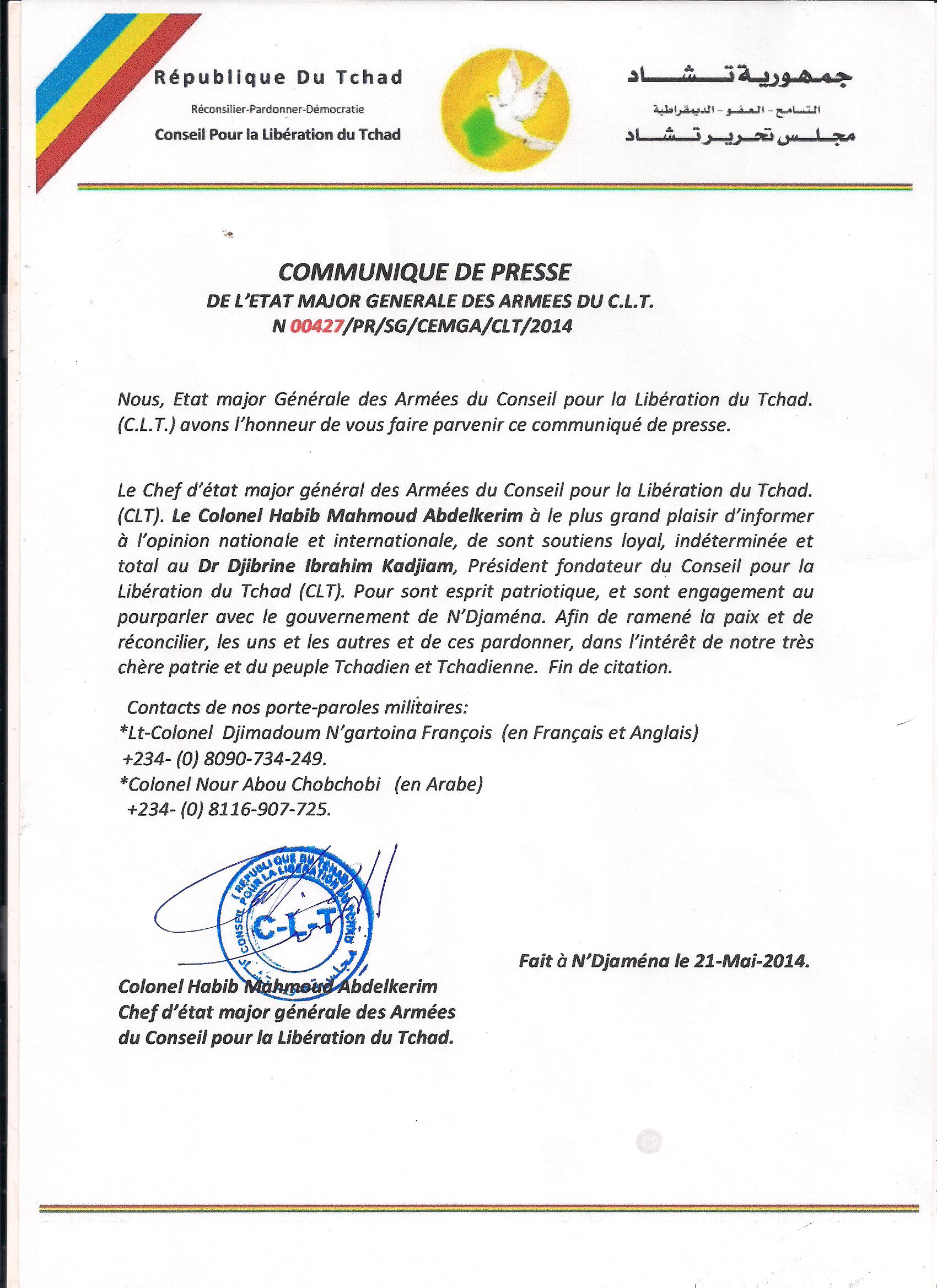 Tchad : Le C.L.T se félicite de pourparlers avec le gouvernement (Communiqué)