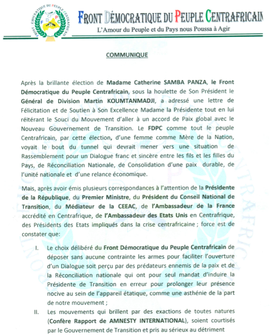 RCA : Le FDPC annule sa participation au Dialogue de Brazzaville et suspend toute négociation avec le Gouvernement