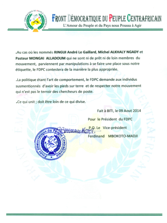 RCA : Le groupe armé FDPC appelle à la vigilance pour la formation du gouvernement