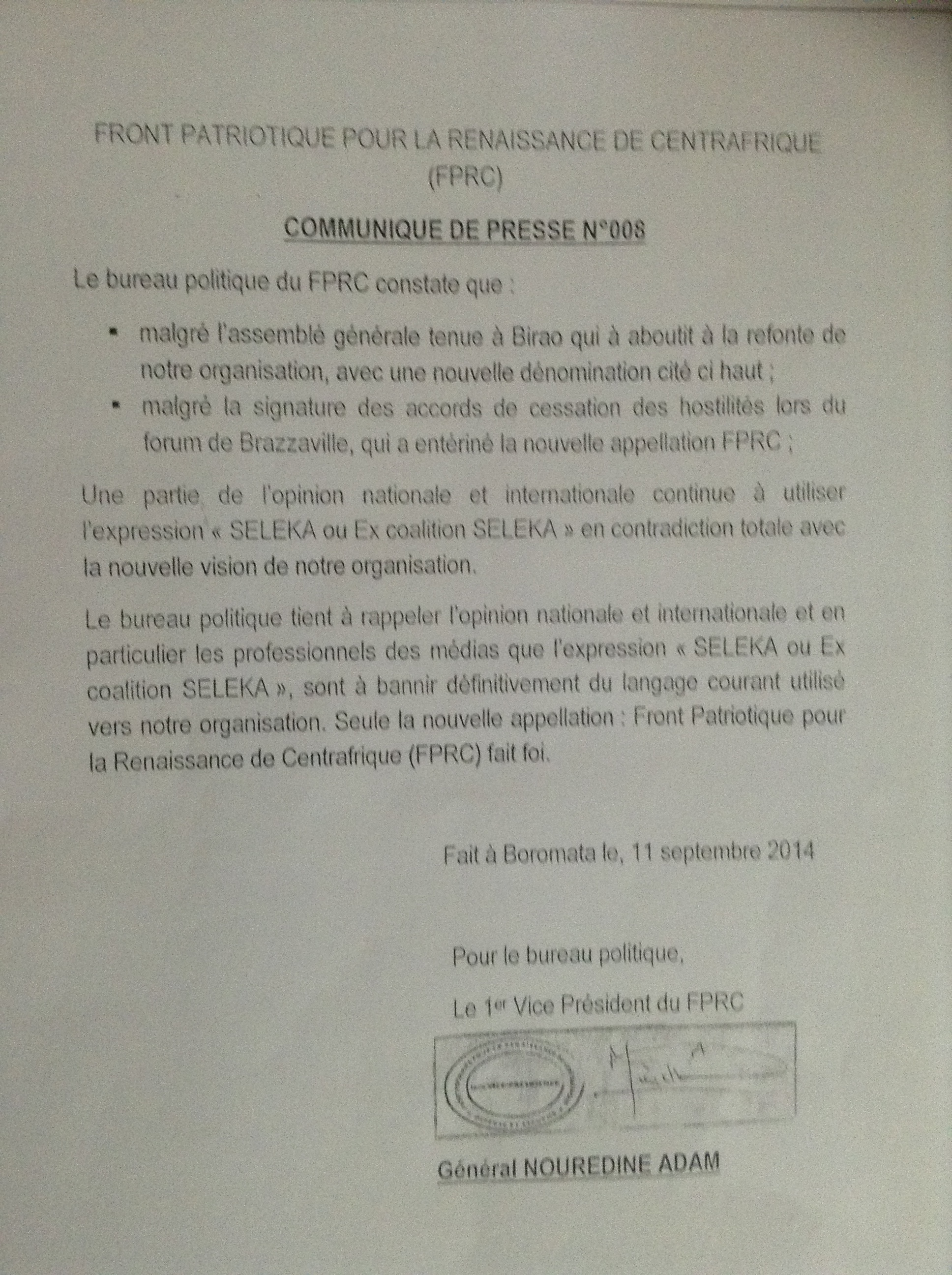 RCA : Nouredine Adam somme les médias de bannir l'expression "Séléka" ou "Ex-Séléka"