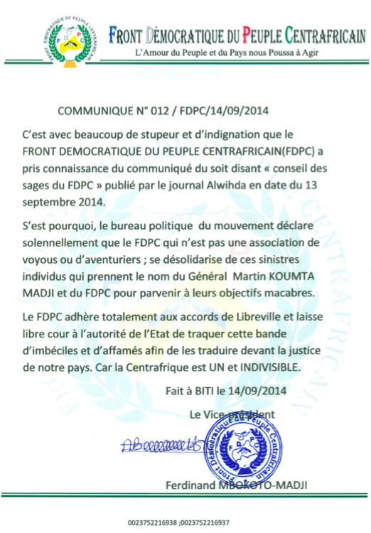 RCA : Le FDPC désavoue le "Conseil des sages" et veut traquer cette "bande"