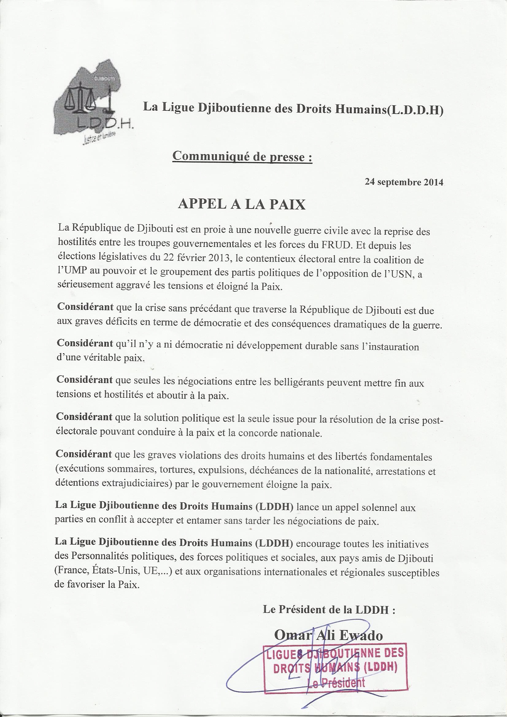 La Ligue Djiboutienne des Droits Humains (LDDH) lance un appel solennel aux parties en conflit à accepter et entamer sans tarder les négociations de paix