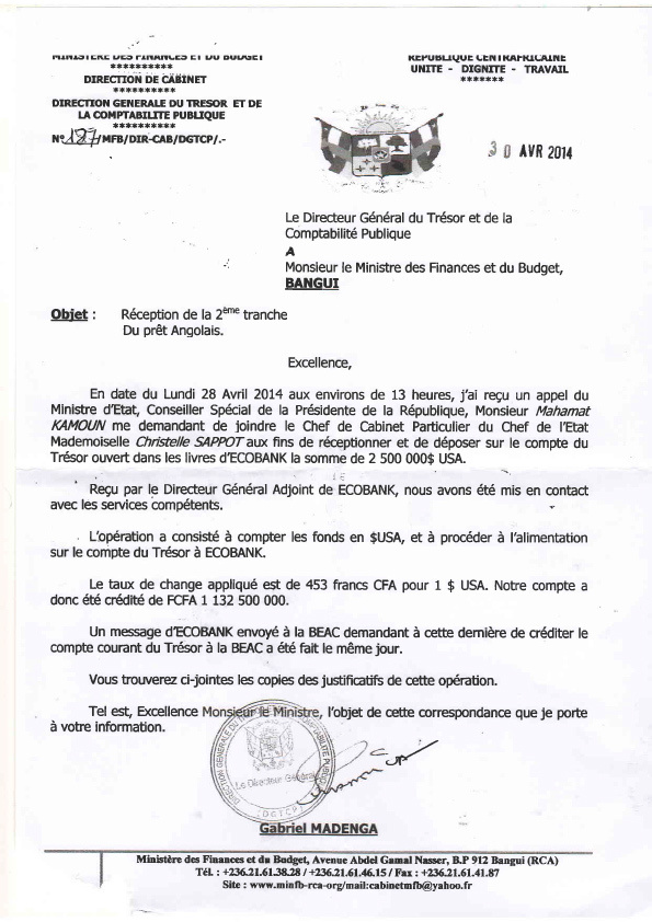 Centrafrique : Affaire du "Don Angolais", un document accablant pour le pouvoir