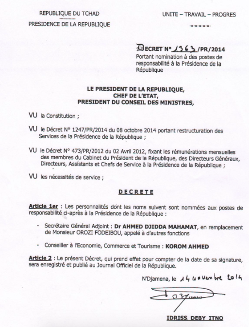 Tchad  Korom Ahmed nommé conseiller du Président