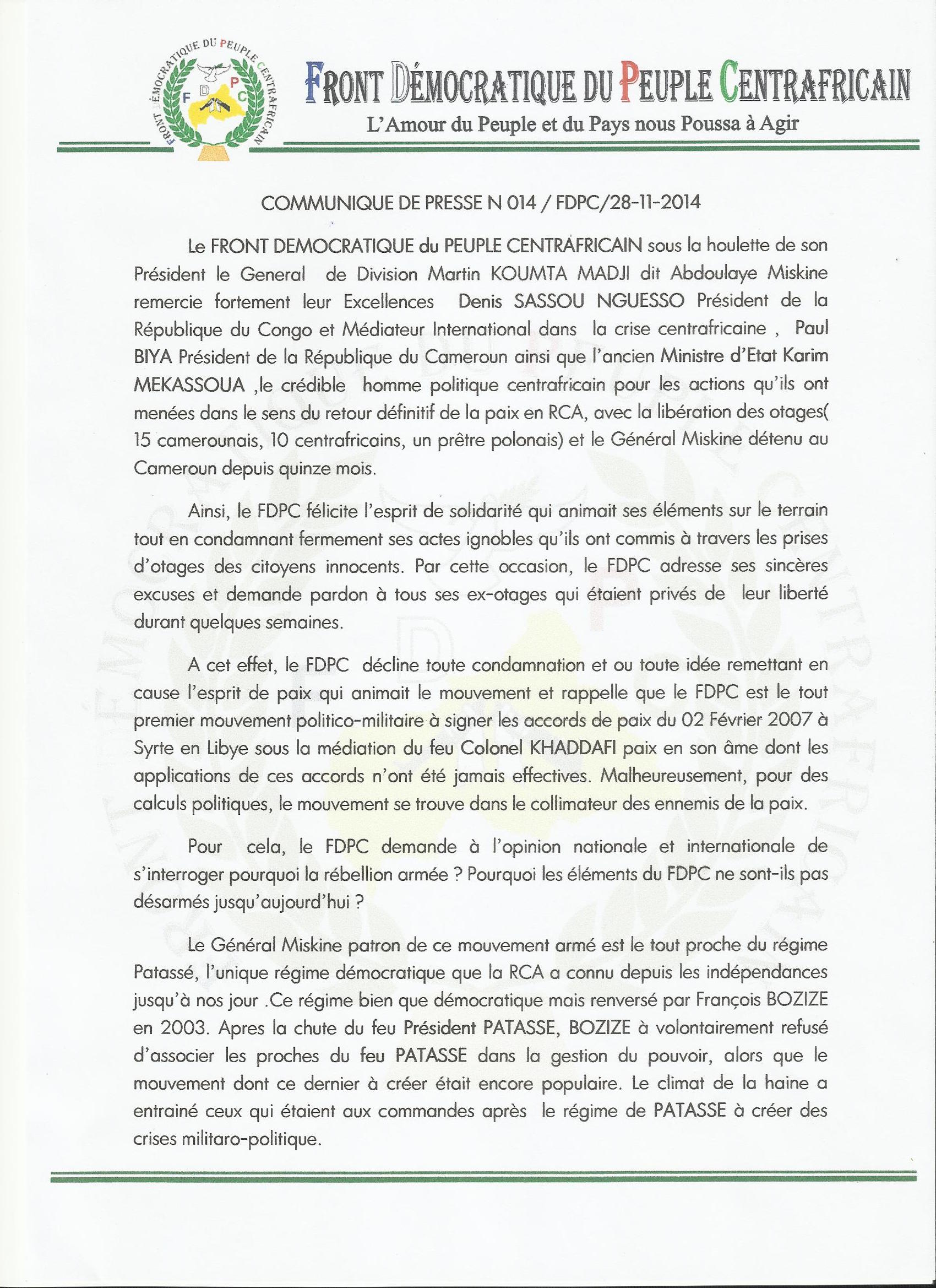 RCA : Abdoulaye Miskine remercie ceux qui ont contribué à sa libération