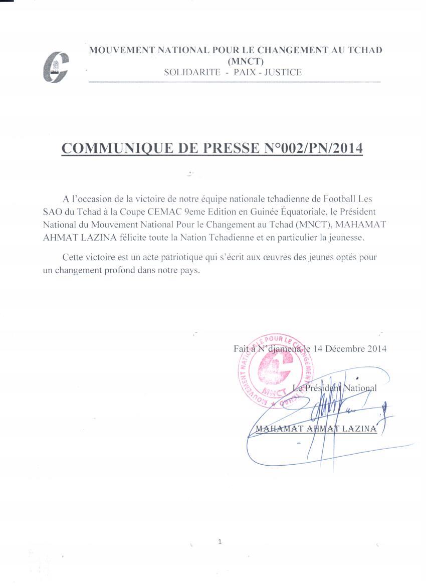 Tchad : Le MNCT félicite les SAO pour leur victoire