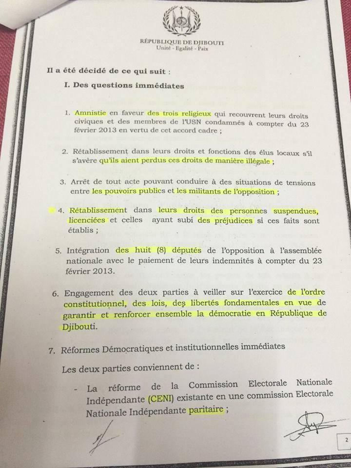 Djibouti: Détails de l'Accord-cadre secret entre le gouvernement et l'opposition.