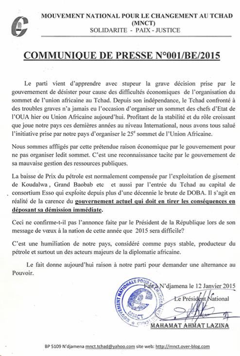 Tchad : Un parti demande la démission du gouvernement