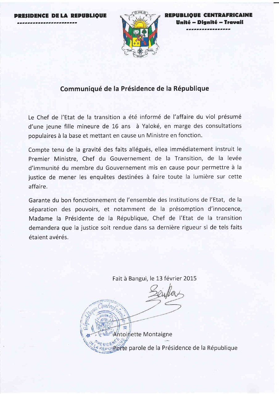 Centrafrique : L'affaire du Viol de Yalokè fait débat