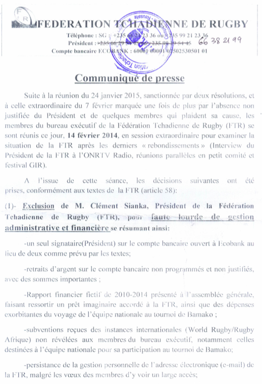 Tchad : Le Président de la Fédération de Rugby exclu pour faute grave
